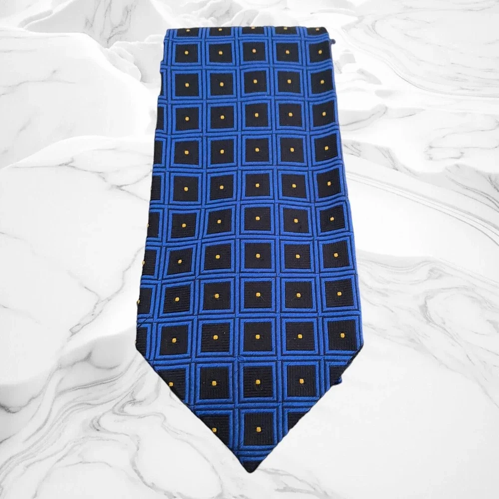 Silk House London Men's Blue Gold Geometric Necktie Made In England L 60